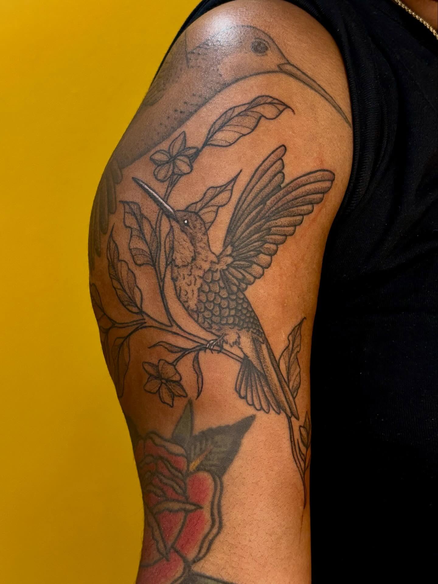 Hummingbird black and grey tattoo on the upper arm by Jazzlyn Hous