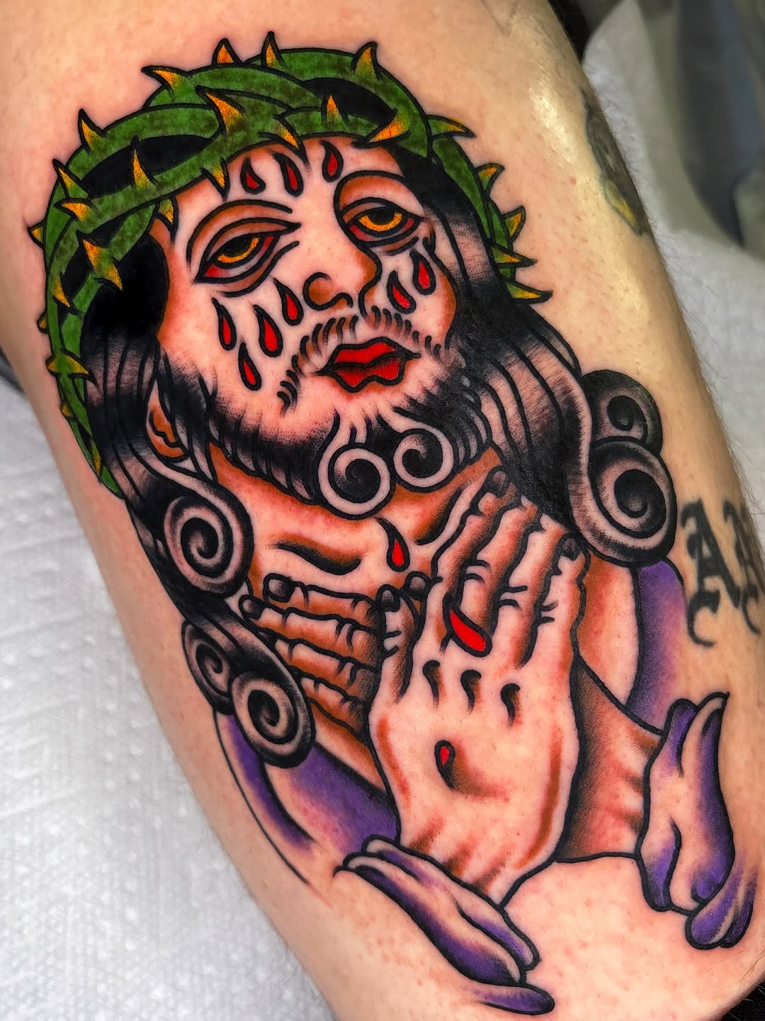 Jesus Christ neo-traditional tattoo on the thigh by ✨ Gabi ✨