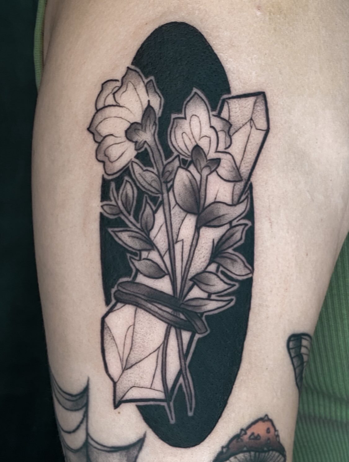 Flowers and crystal black and grey tattoo on the forearm by ✥ G i t t a ✥