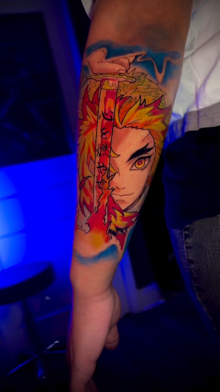 Kyojuro Rengoku anime tattoo by Miguel Garcia