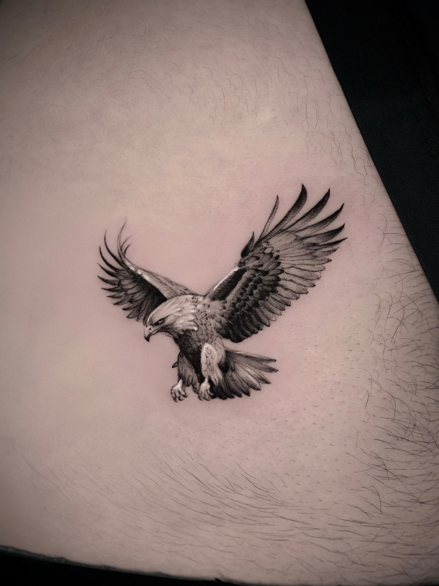 Eagle black and grey tattoo on the thigh by Zonghuan Wu