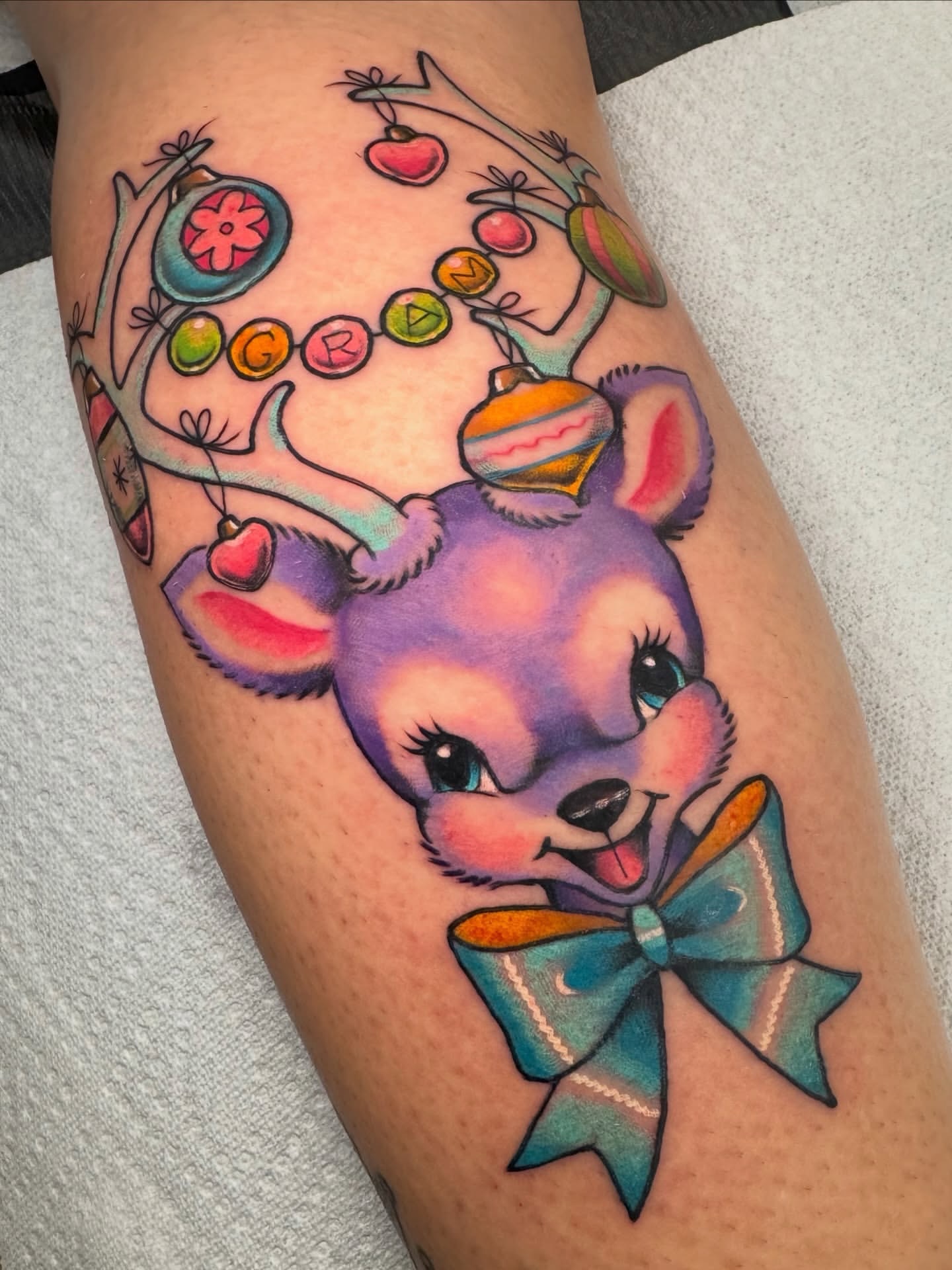 Chibi deer new school tattoo on the thigh by Stacey Martin Smith