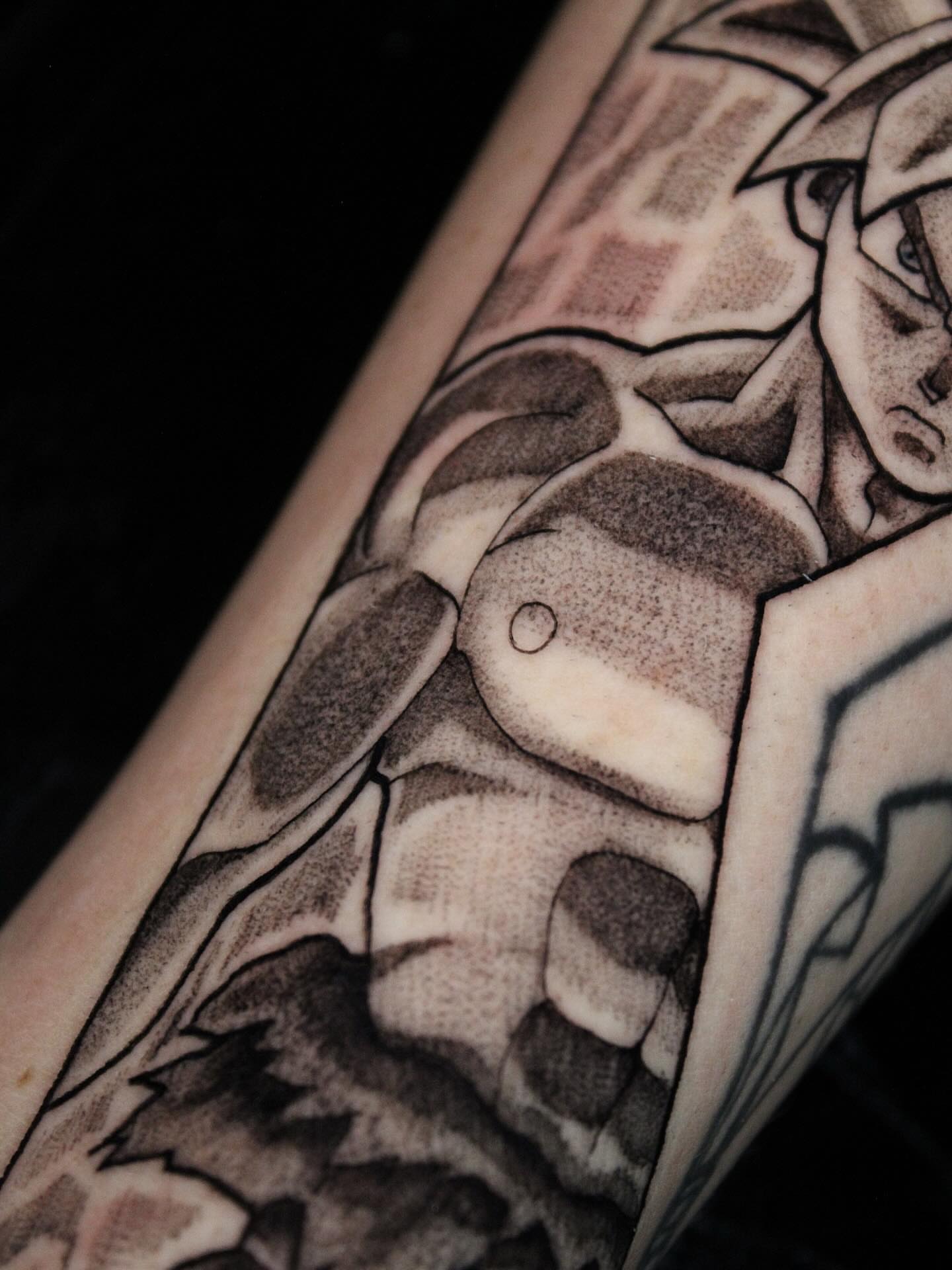 Anime character dotwork tattoo on the forearm by 𝕵𝖎𝖒𝖎 𝕯𝖊𝕽𝖔𝖘𝖆🥀, Everett, Washington