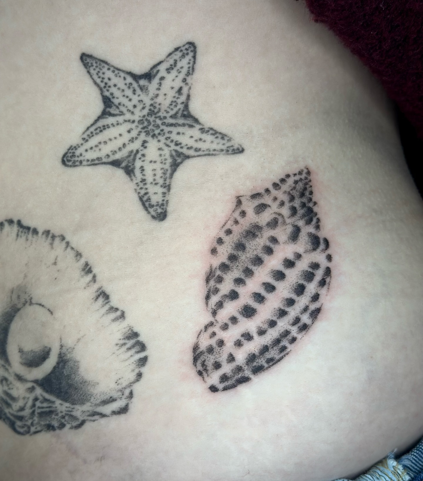 Seashells and starfish dotwork tattoo on the thigh by edie ☆ kansas tattoo artist, Lawrence, Kansas