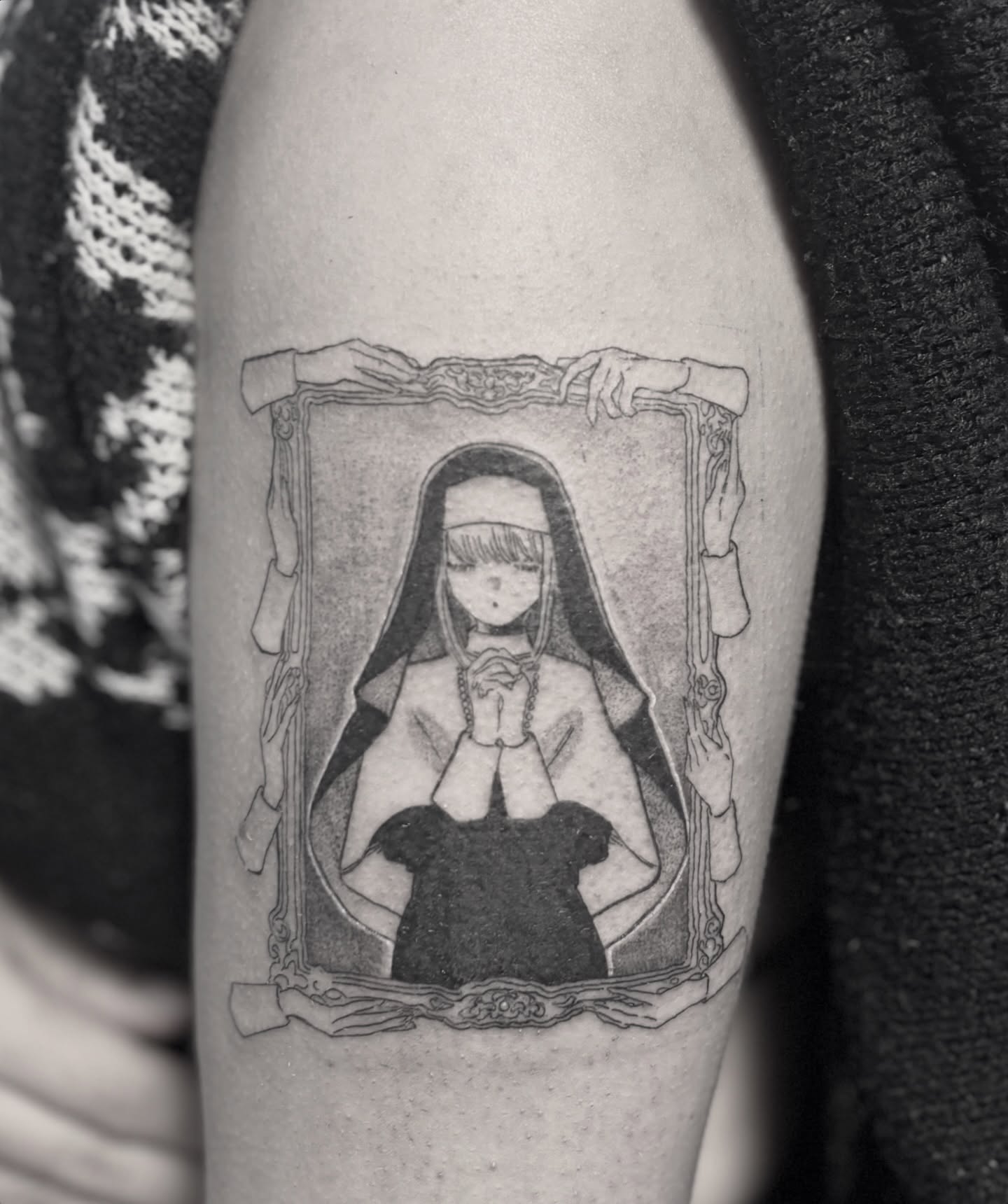Nun portrait black and grey tattoo on the forearm by eli (eh-lee)