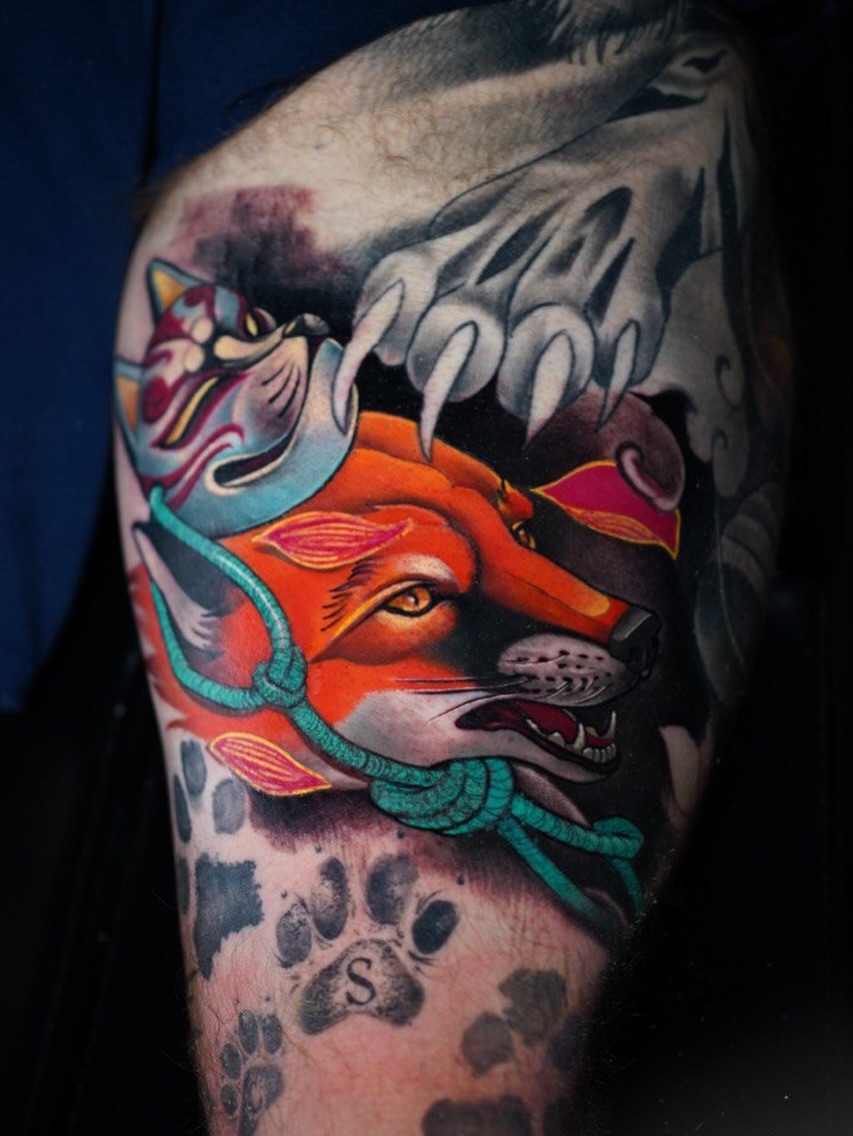 Fox with mask American traditional tattoo on the forearm by Grego Hernandez, Miami, Florida