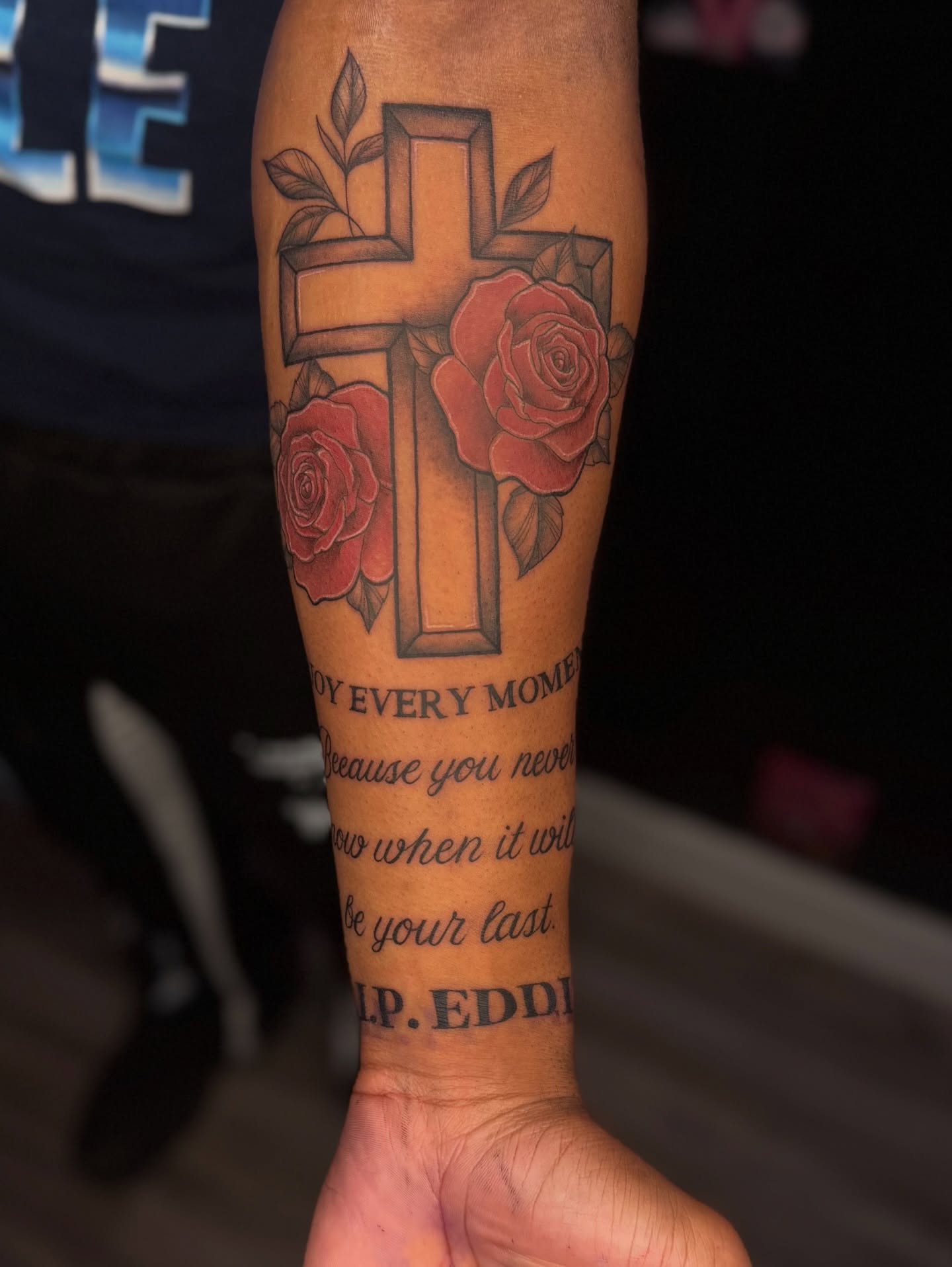 Cross with roses black and grey tattoo on the forearm by Charlotte Nc📍tattoo Artist