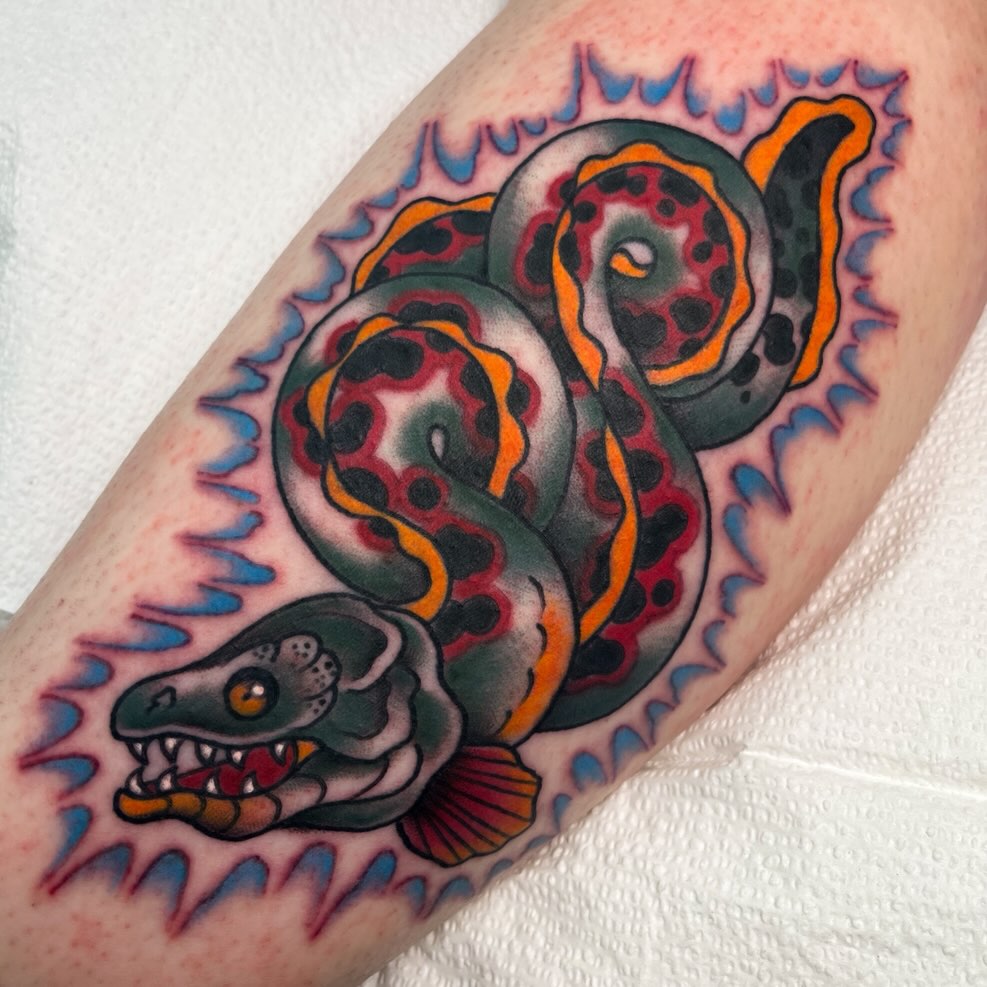 Snake American traditional tattoo on the forearm by Sky G, Colorado Springs, Colorado