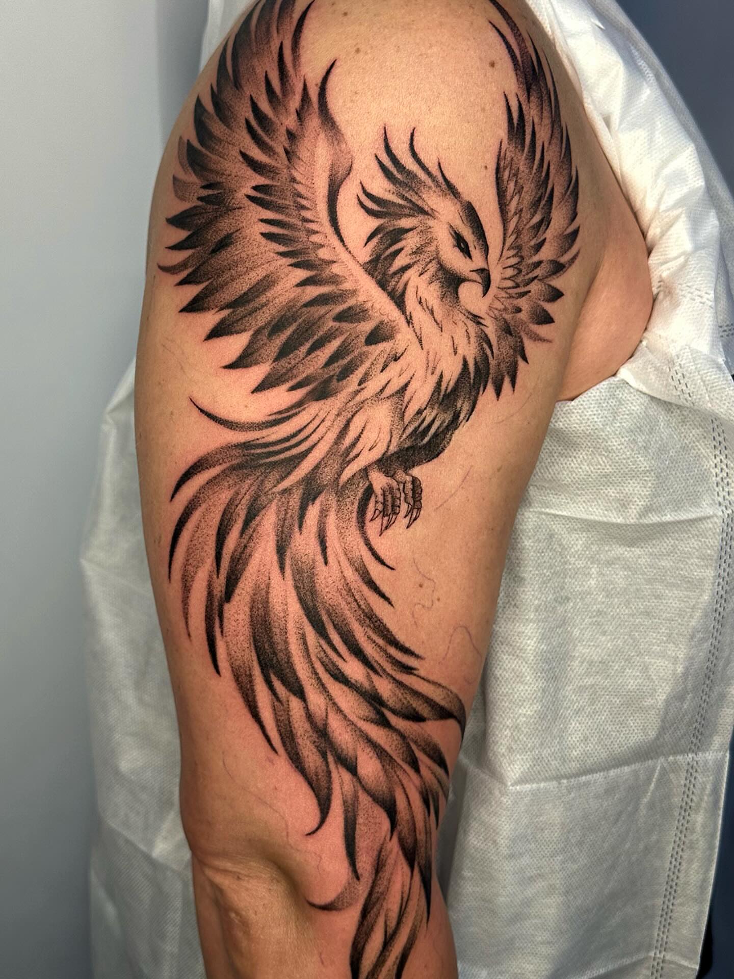 Phoenix dotwork tattoo on the shoulder by sarah