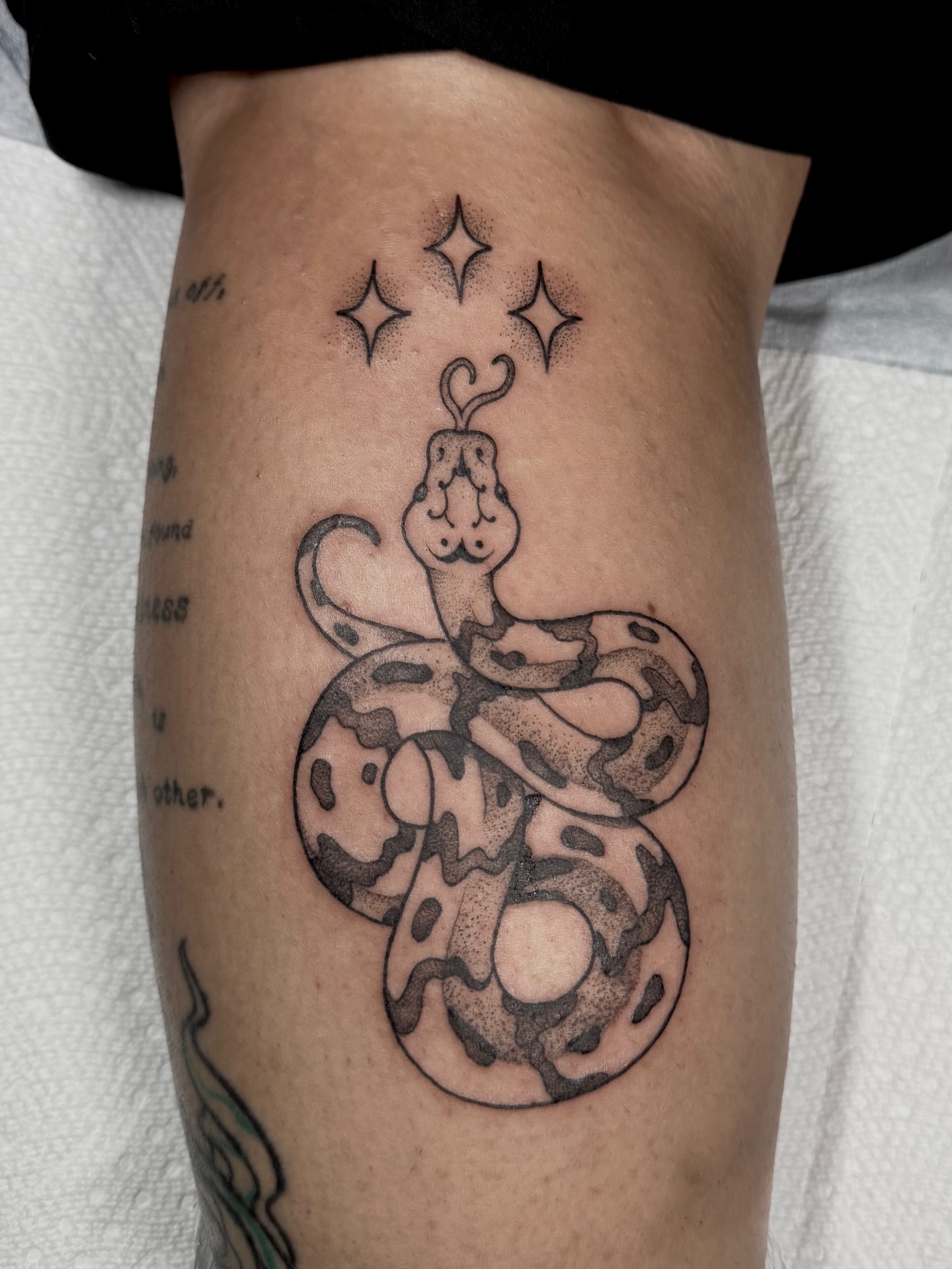 Snake dotwork tattoo on the forearm by Ally Ghastly, Eugene, Oregon