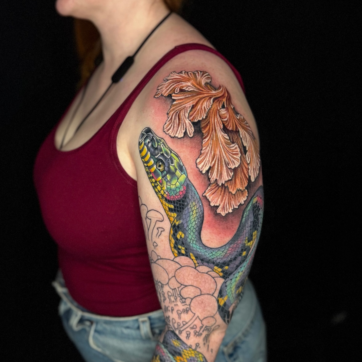 Snake and peony realism tattoo on the shoulder by Matt Trimble, Charlotte, North Carolina