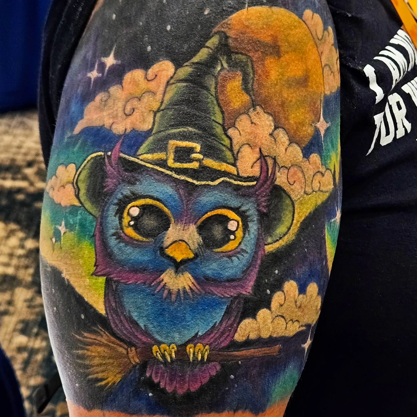 Owl witch illustrative tattoo on the forearm by Kassy Fiori