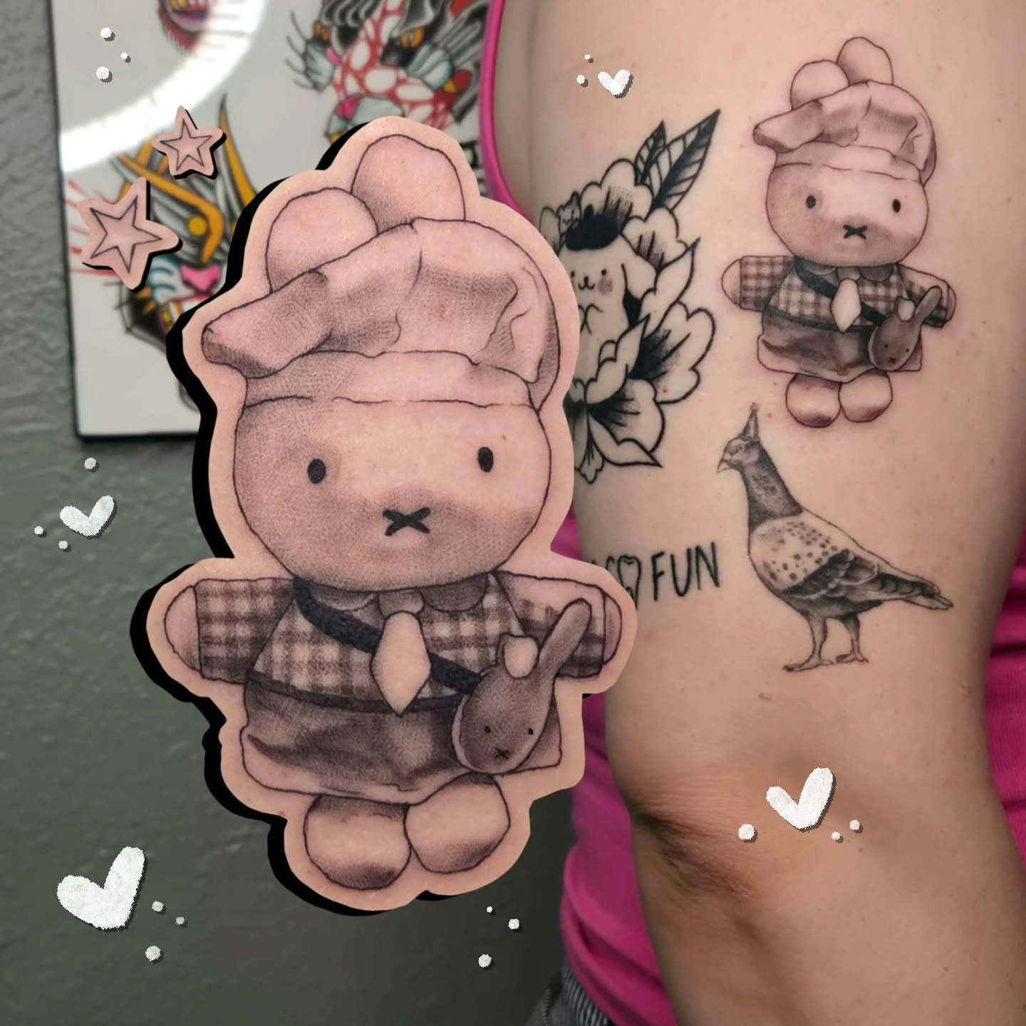 Miffy character black and grey tattoo on the forearm by alec