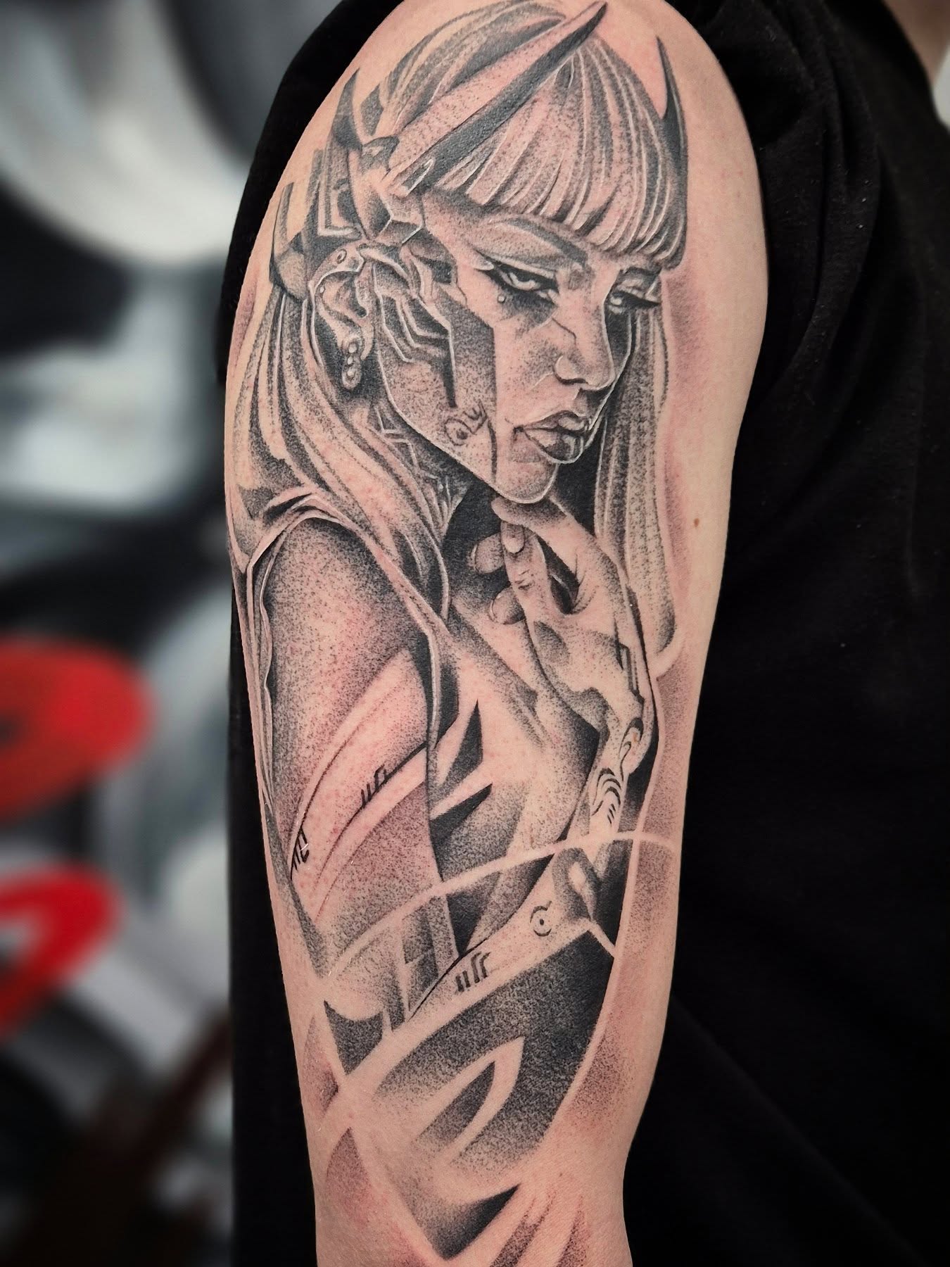 Woman with armor dotwork tattoo on the forearm by Тату Херсон _ Kherson tattoo, Kherson