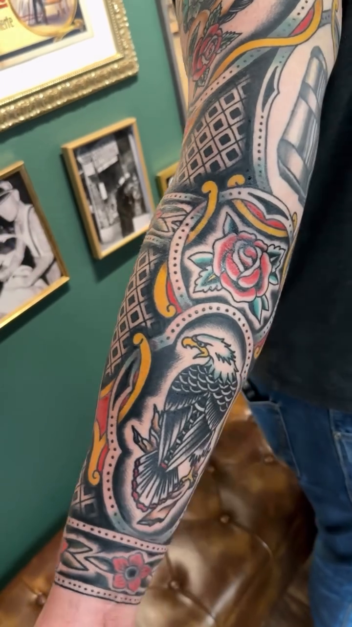 American traditional tattoo on the upper arm by Ryan Moraski, Colorado Springs, Colorado