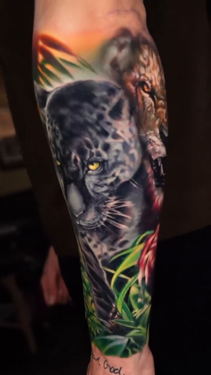 Jungle cats and gorilla realism tattoo by Ben Ochoa
