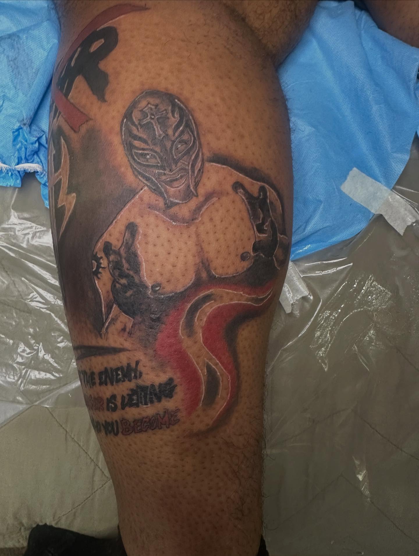 Masked wrestler dotwork tattoo on the thigh by Illuminink.gallery