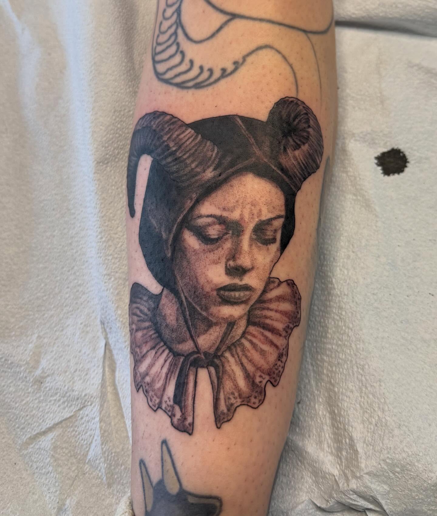 Woman with ruffled collar realism tattoo on the forearm by Cort Prescott 🕸 OKC Tattoo Artist, Oklahoma City, Oklahoma