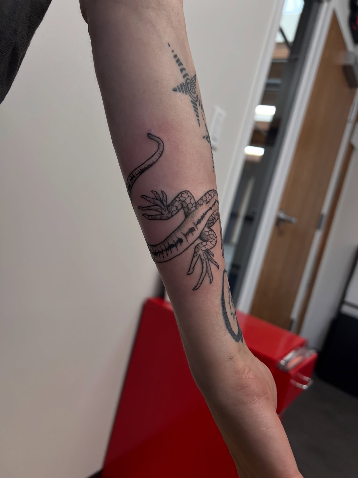Snake black and grey tattoo on the forearm by rachel