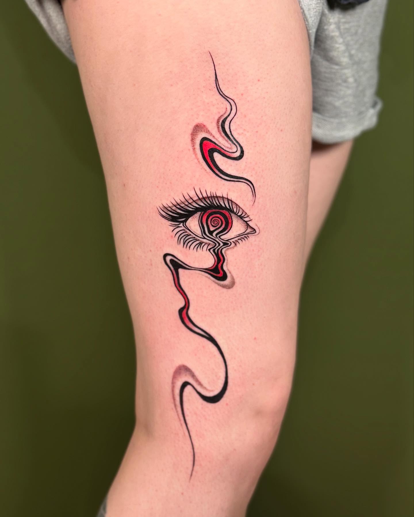 Eye with swirling lines geometric tattoo on the forearm by Erin Blaney