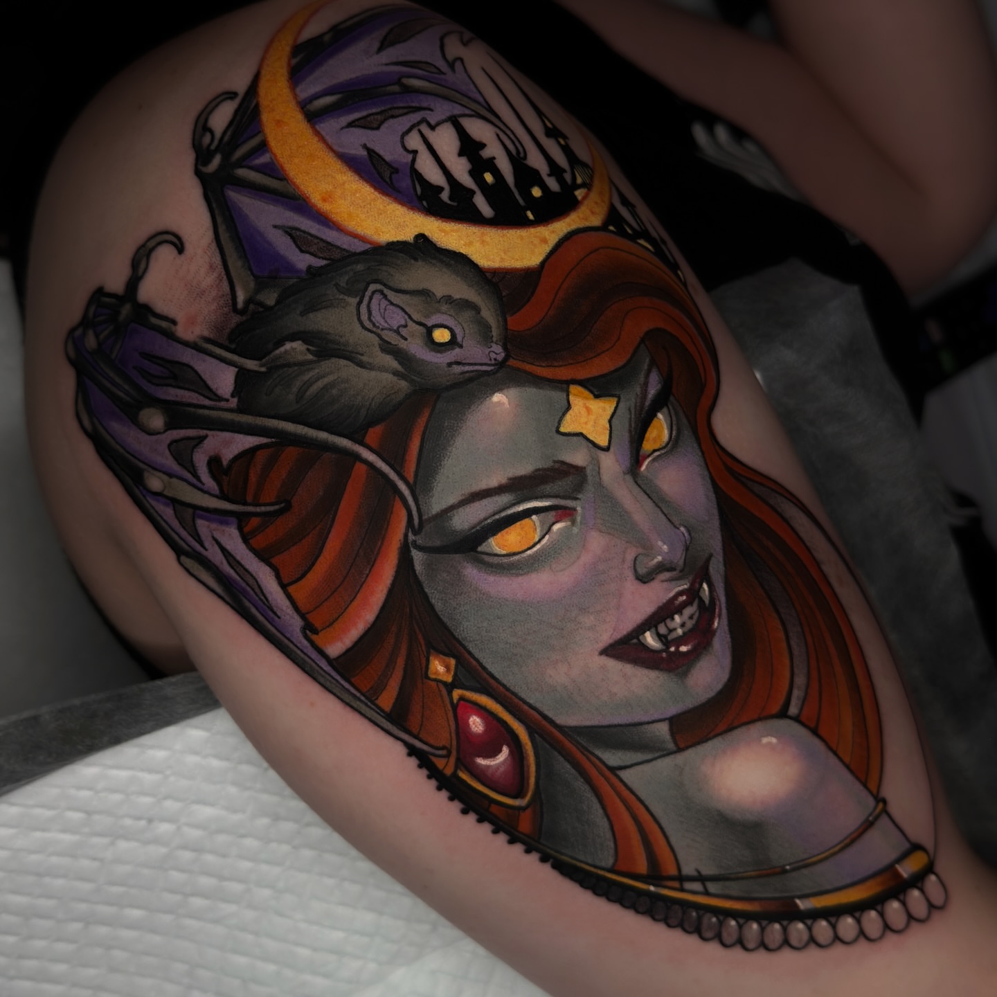 Woman with stars American traditional tattoo on the thigh by Golden Heart Tattoo Co