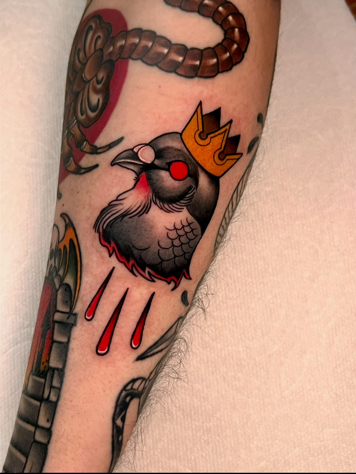 Bird with crown American traditional tattoo on the forearm by 𝙻𝚒𝚊 𝙹𝚎𝚙𝚙𝚎𝚜𝚎𝚗