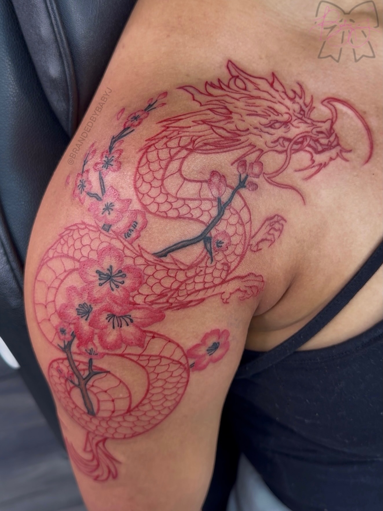 Dragon and cherry blossoms japanese irezumi tattoo on the shoulder by 𝔹𝔸𝔹𝕐 𝕁 ♡, Cincinnati, Ohio