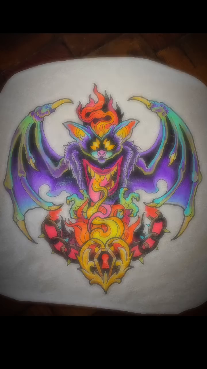 Bat creature with heart neo-traditional tattoo by Joseph Jeffers