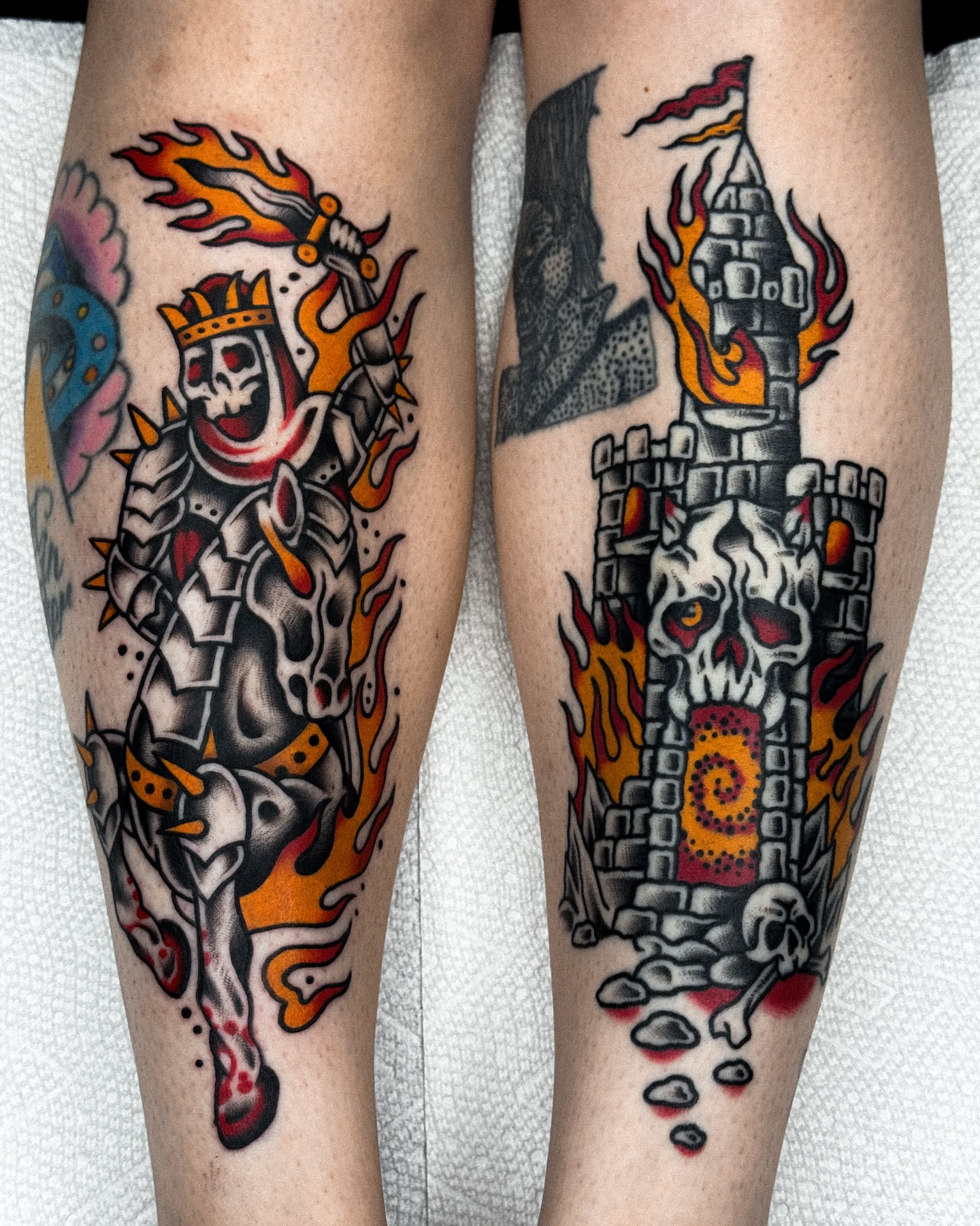 Skull and castle American traditional tattoo on the forearm by Samuel Dickey