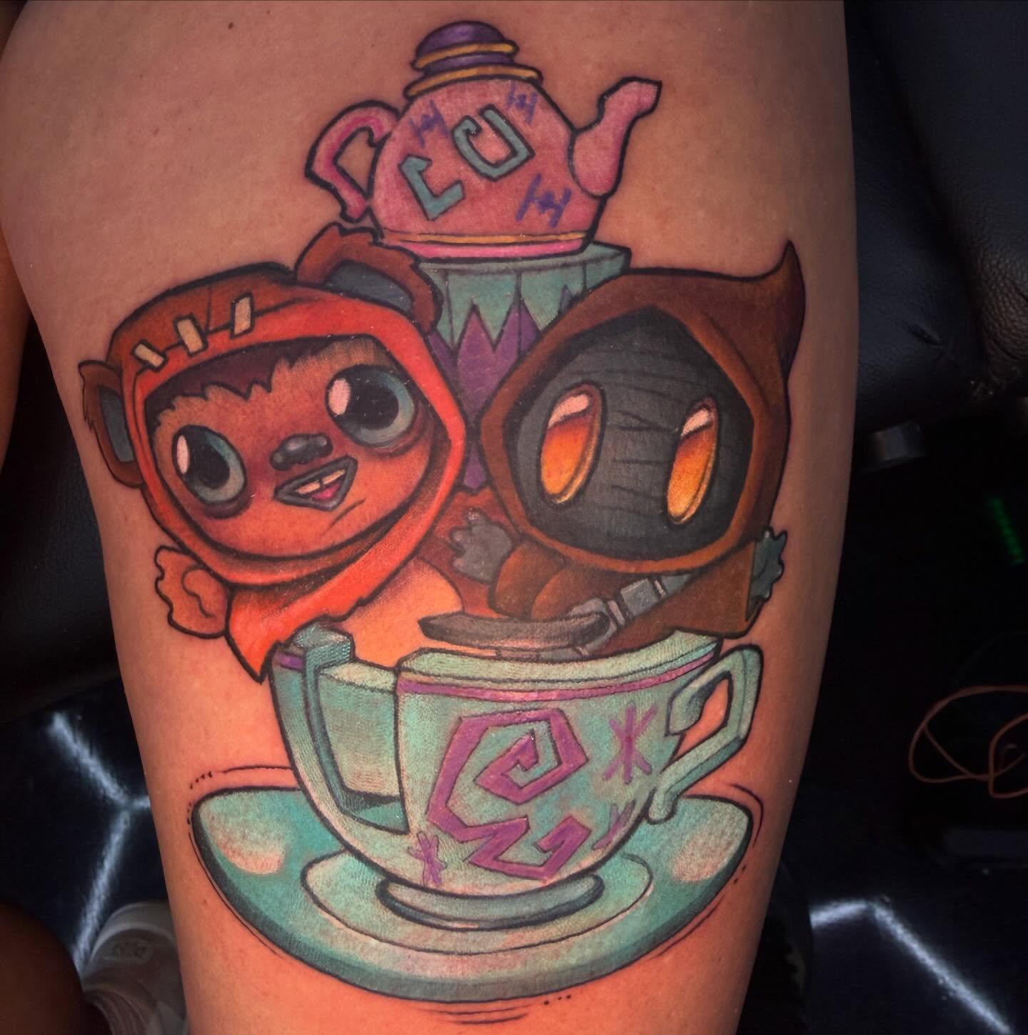 Tea cup and characters dotwork tattoo on the thigh by Jime Litwalk