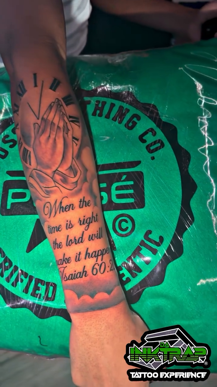 Praying hands and scripture lettering script tattoo by Atlanta Tattoo Artist βπ½