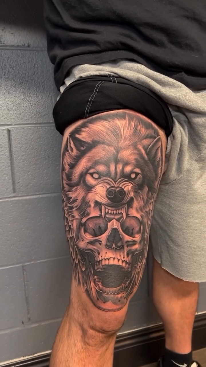 Wolf and skull realism tattoo by Kyle Lopez, Union City, California