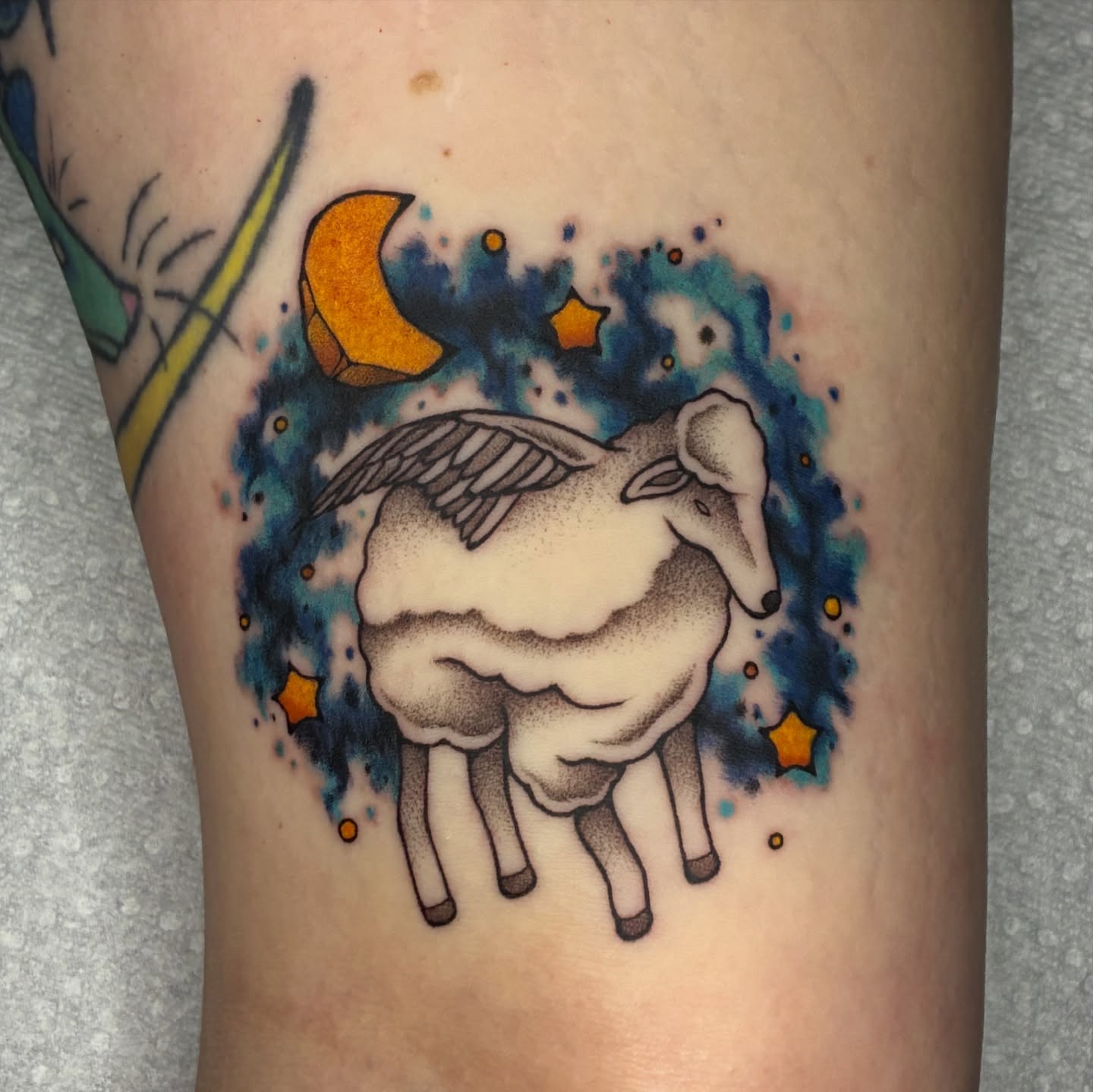 Sheep with wings dotwork tattoo on the forearm by Lance 🦈