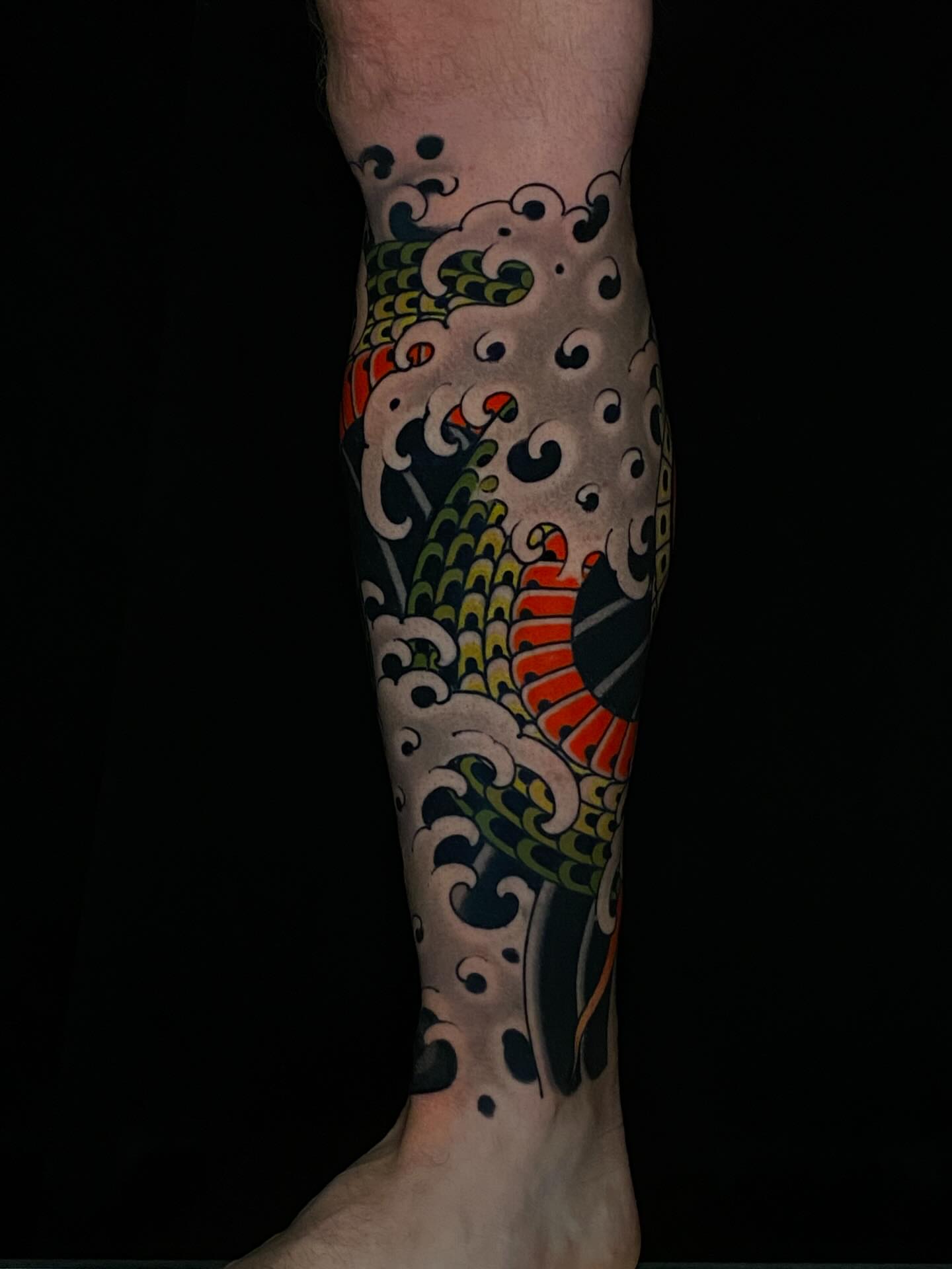 Koi fish japanese irezumi tattoo on the calf by Tyler Charles