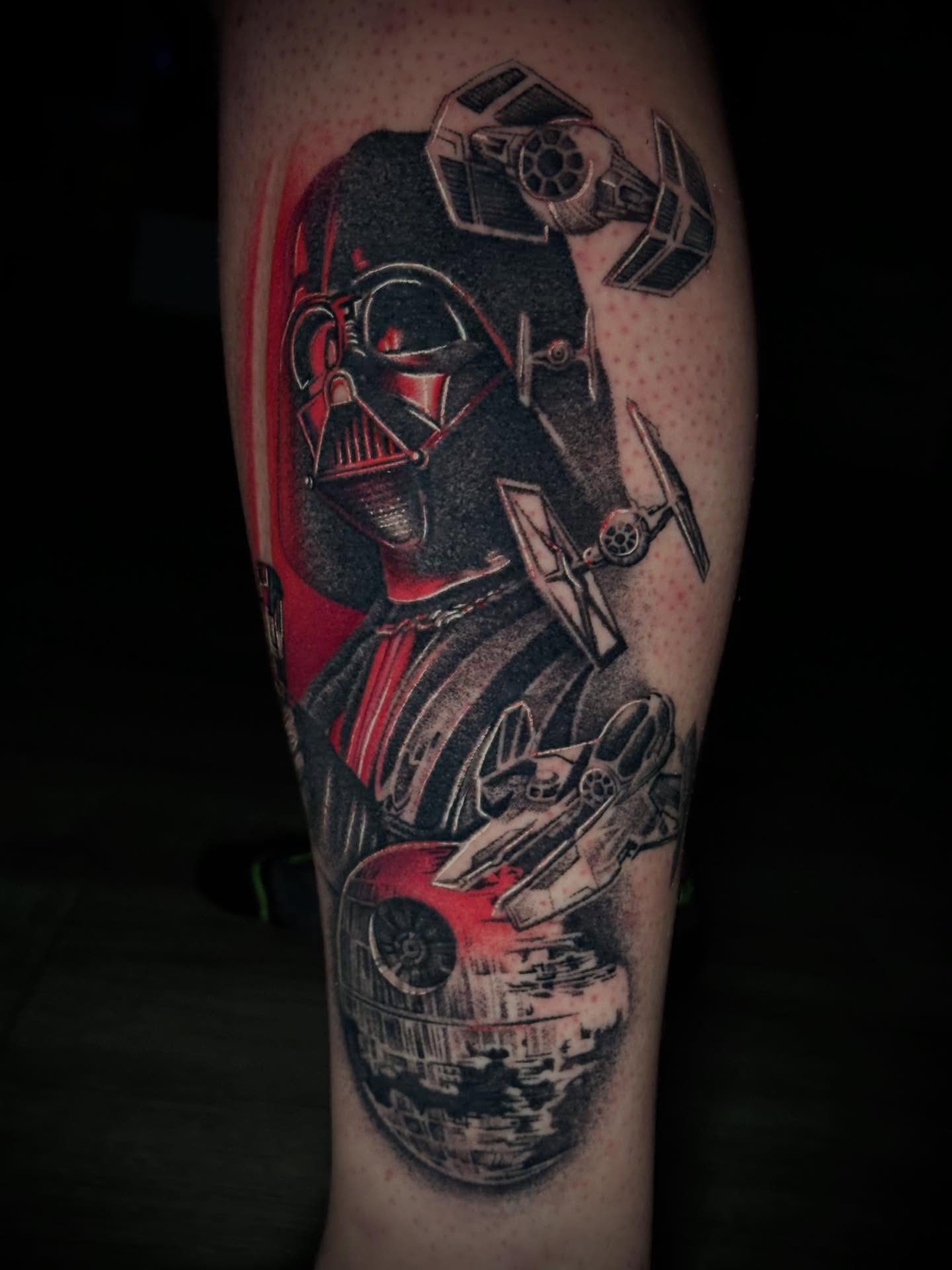 Darth vader and tie fighters dark realism tattoo on the forearm by MR