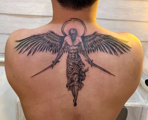 Angelic warrior realism tattoo on the back by Gerd thINK_TATTOO