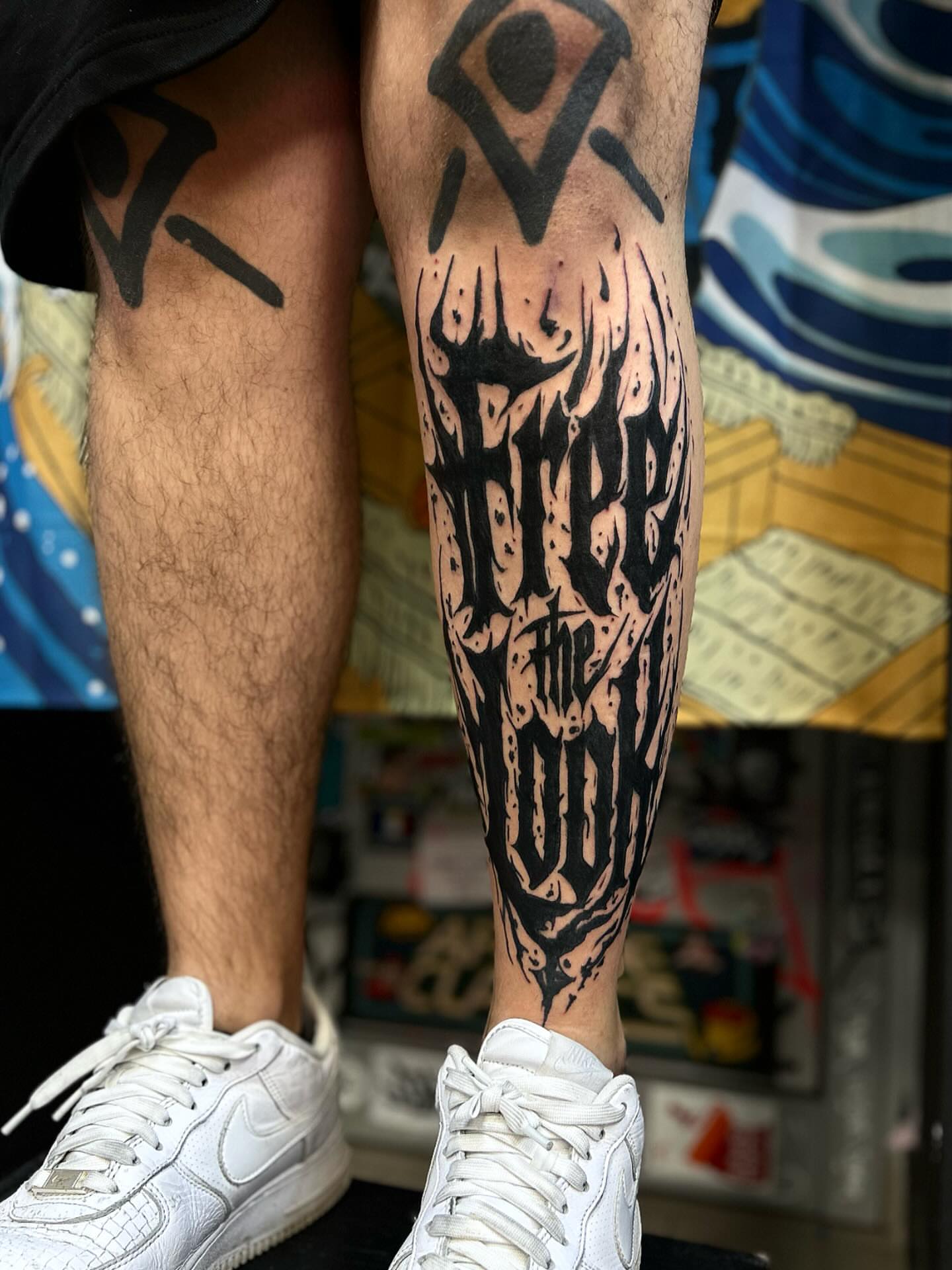 Lettering black and grey tattoo on the calf by Comastein__________✍🏼️