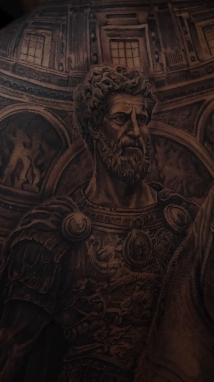 Roman emperor portrait with architectural background realism tattoo by Michael Tovar