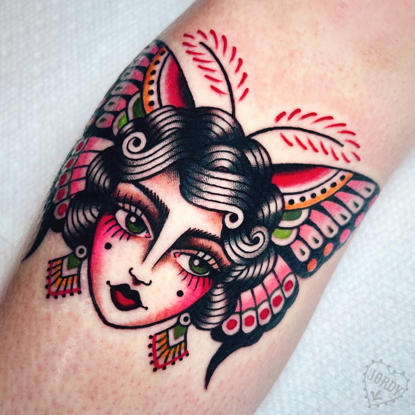 Geisha American traditional tattoo on the forearm by jordy, Philadelphia, Pennsylvania