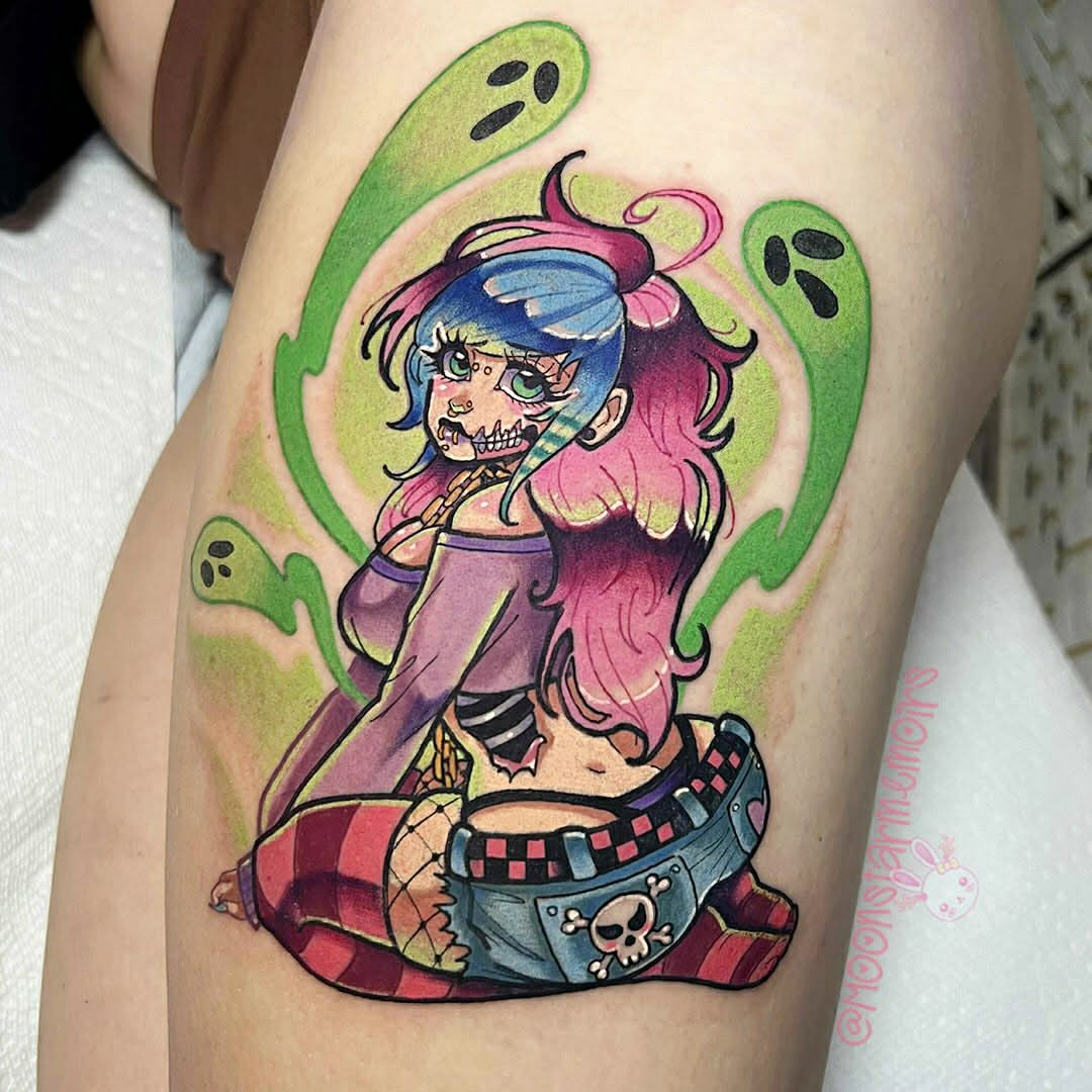 Anime character anime tattoo on the thigh by 𝓑𝓾𝓷𝓷𝔂 𝓓. 𝓥𝓪𝓷𝓒𝓸𝓮𝓿𝓮𝓻𝓲𝓷𝓰