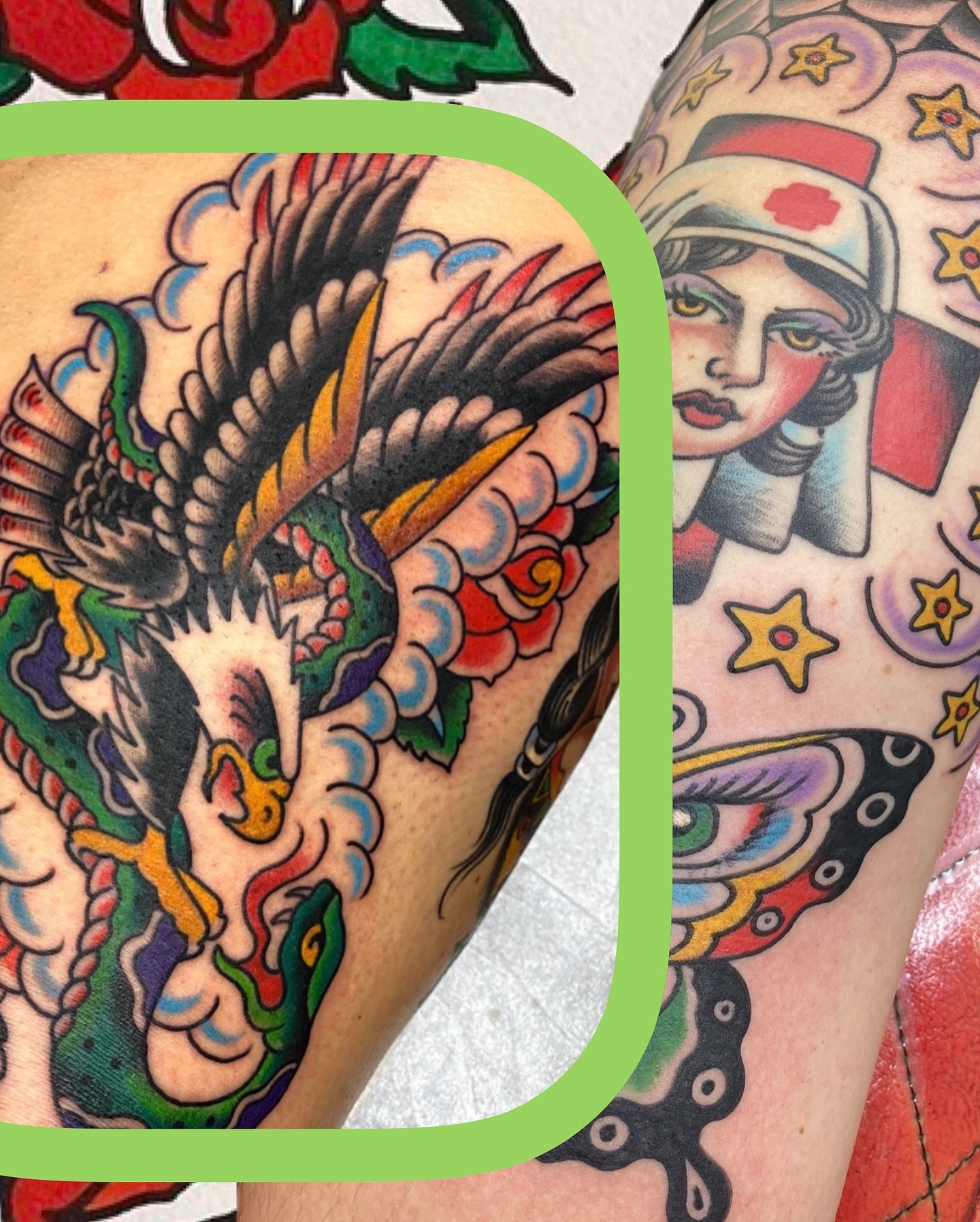 Bird and flower American traditional tattoo on the thigh by Ben Karnofsky