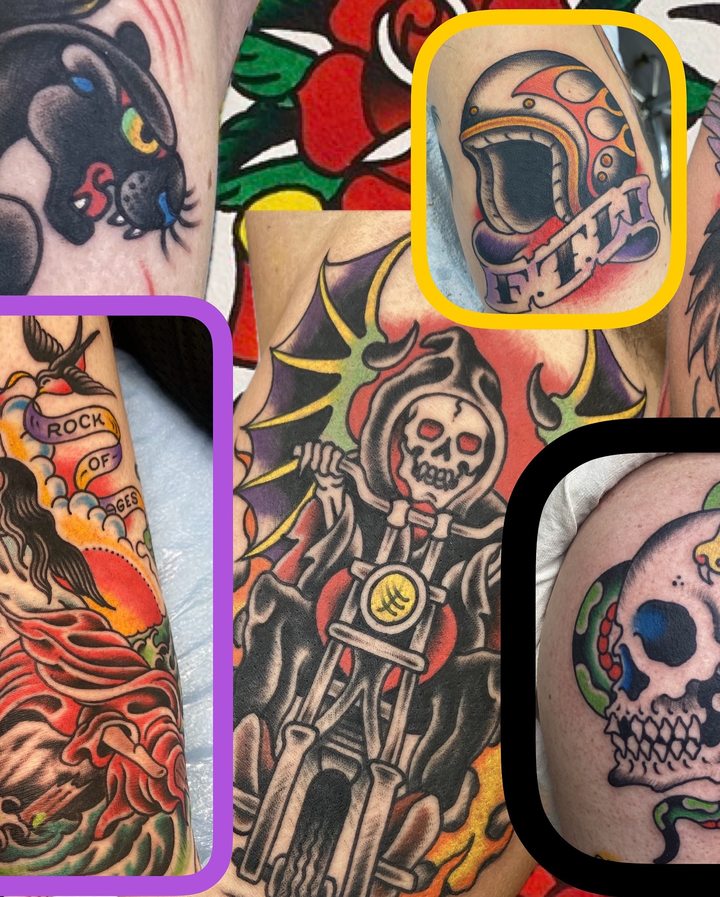 Motorcycle rider skeleton American traditional tattoo on the upper arm by Ben Karnofsky
