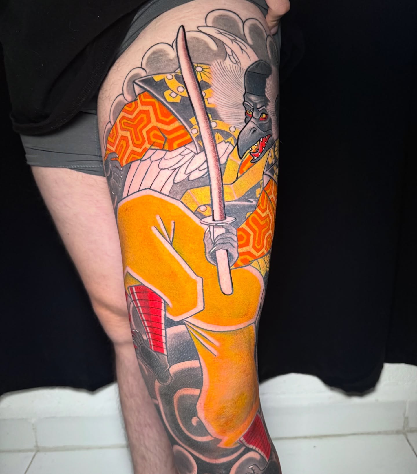 Samurai warrior japanese irezumi tattoo on the leg by Meza Cruz