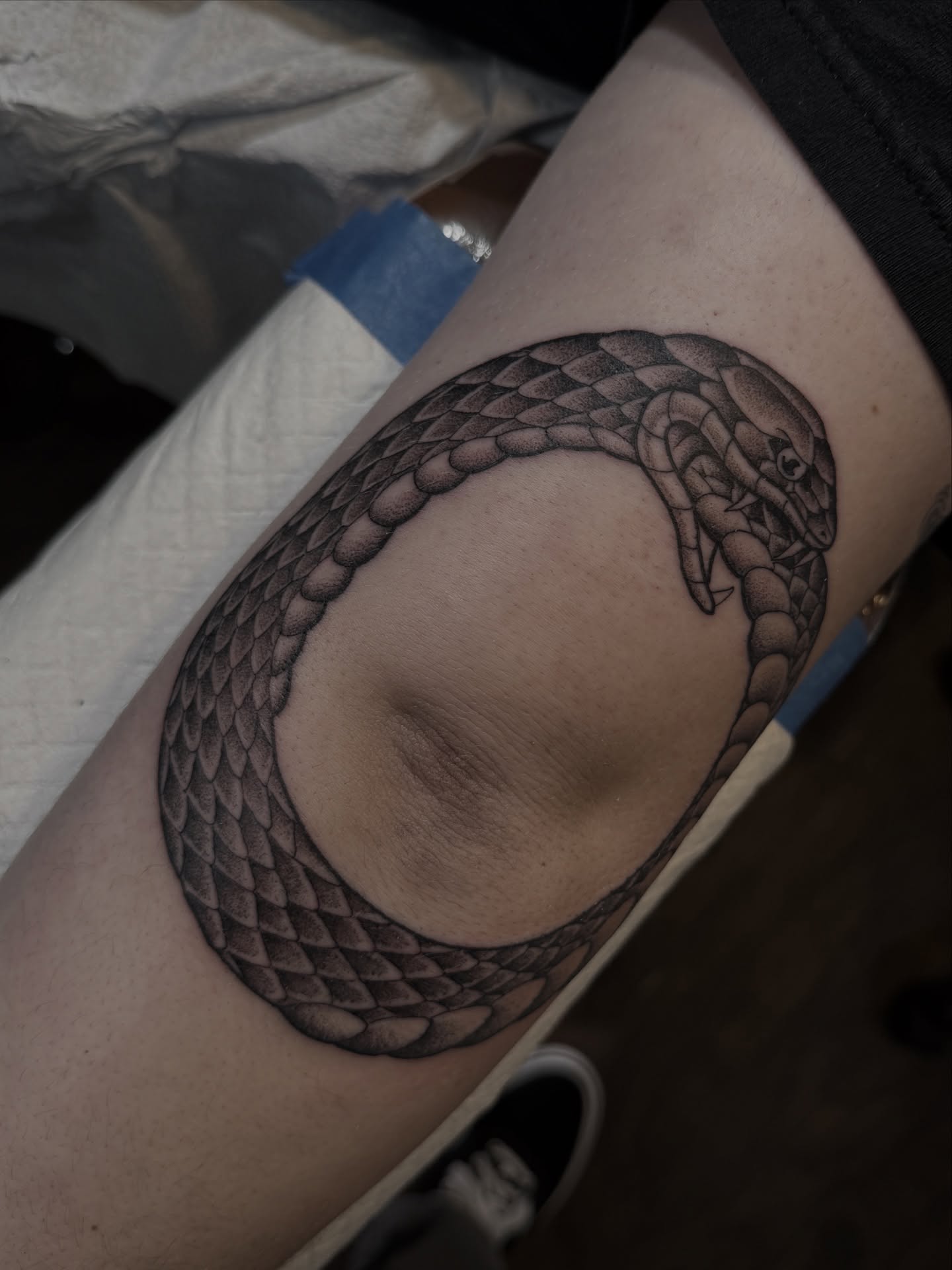Snake black and grey tattoo on the thigh by Andrew