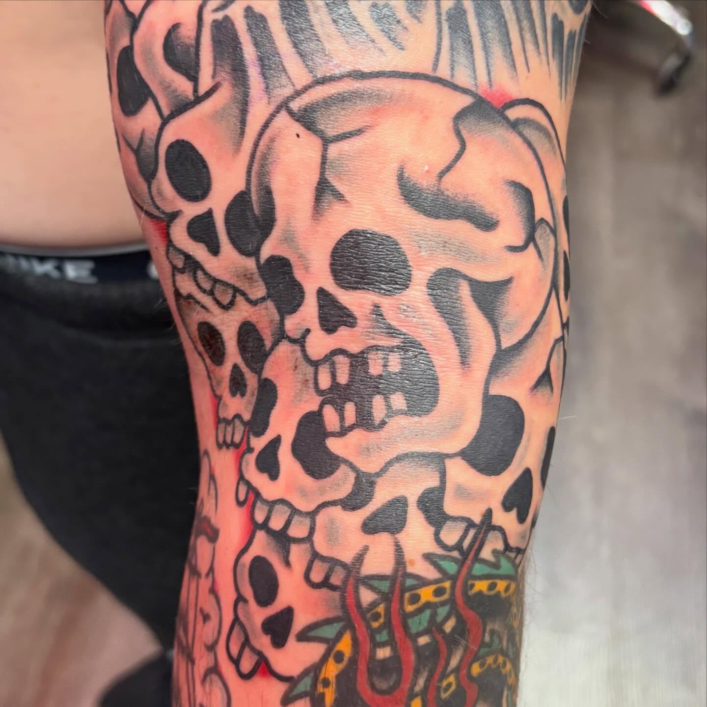 Skull American traditional tattoo on the forearm by @dannydoestattoos