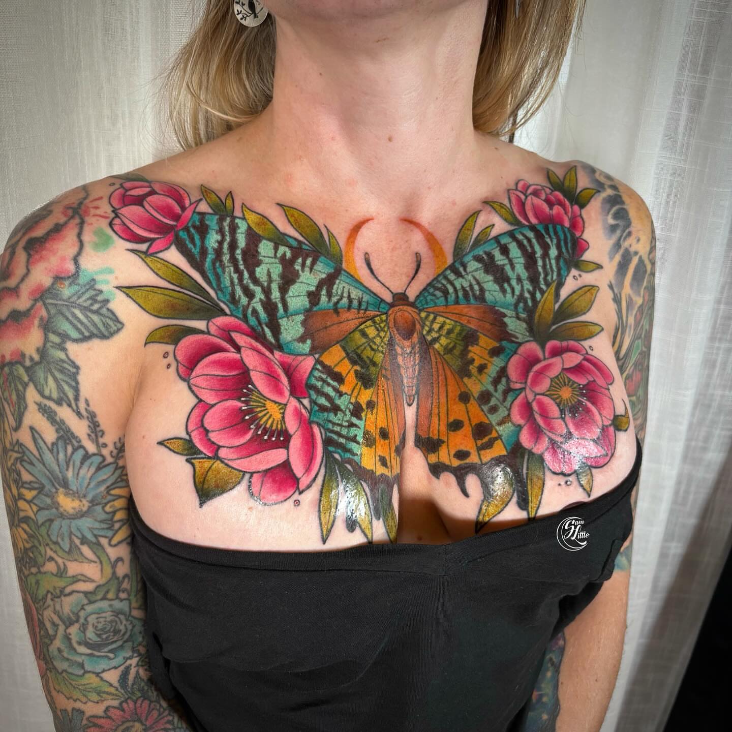 Butterfly and flowers American traditional tattoo on the chest by 𝓢𝓪𝓶 𝓛𝓲𝓽𝓽𝓵𝓮