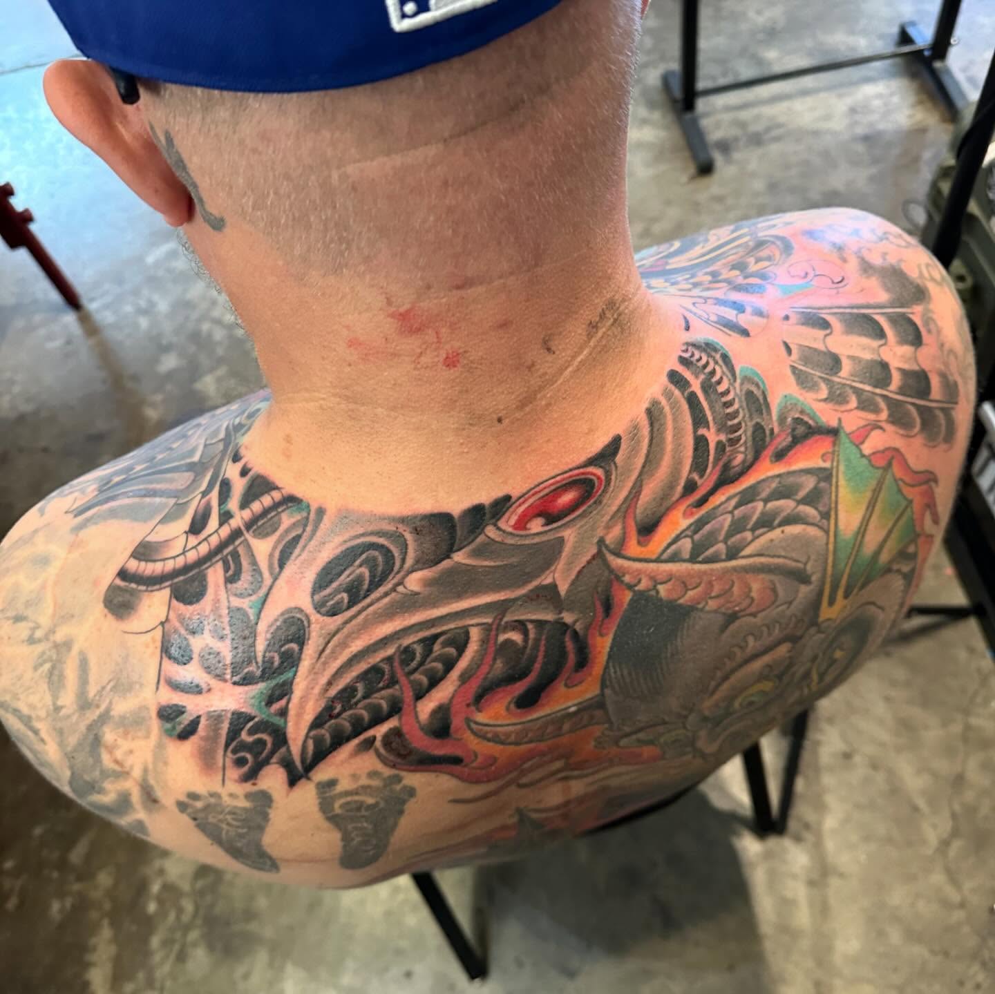 Mask with flames japanese irezumi tattoo on the shoulder by Tony Medellin 7X9X