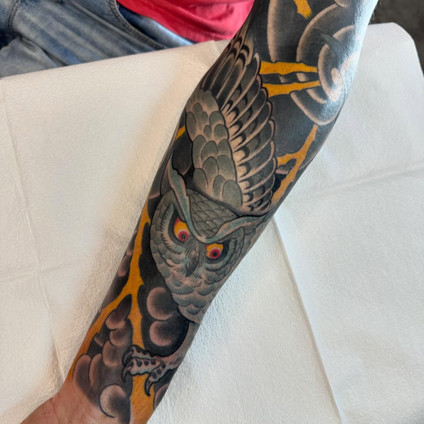 Owl American traditional tattoo on the forearm by Tony Medellin 7X9X