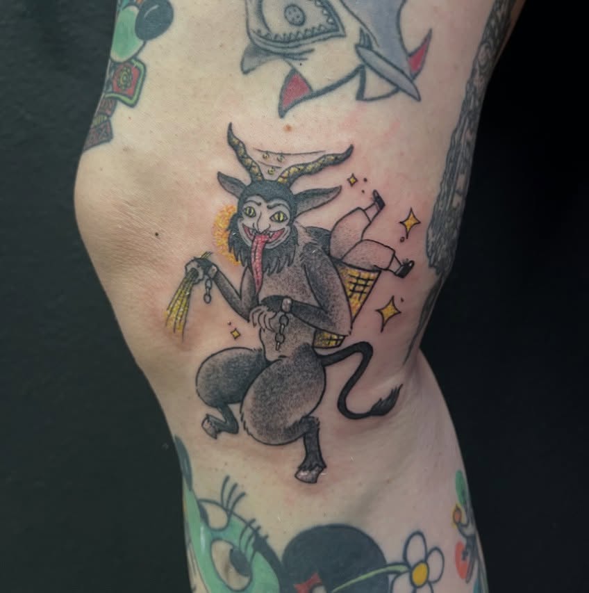 Goat with ice cream American traditional tattoo on the forearm by LooSid