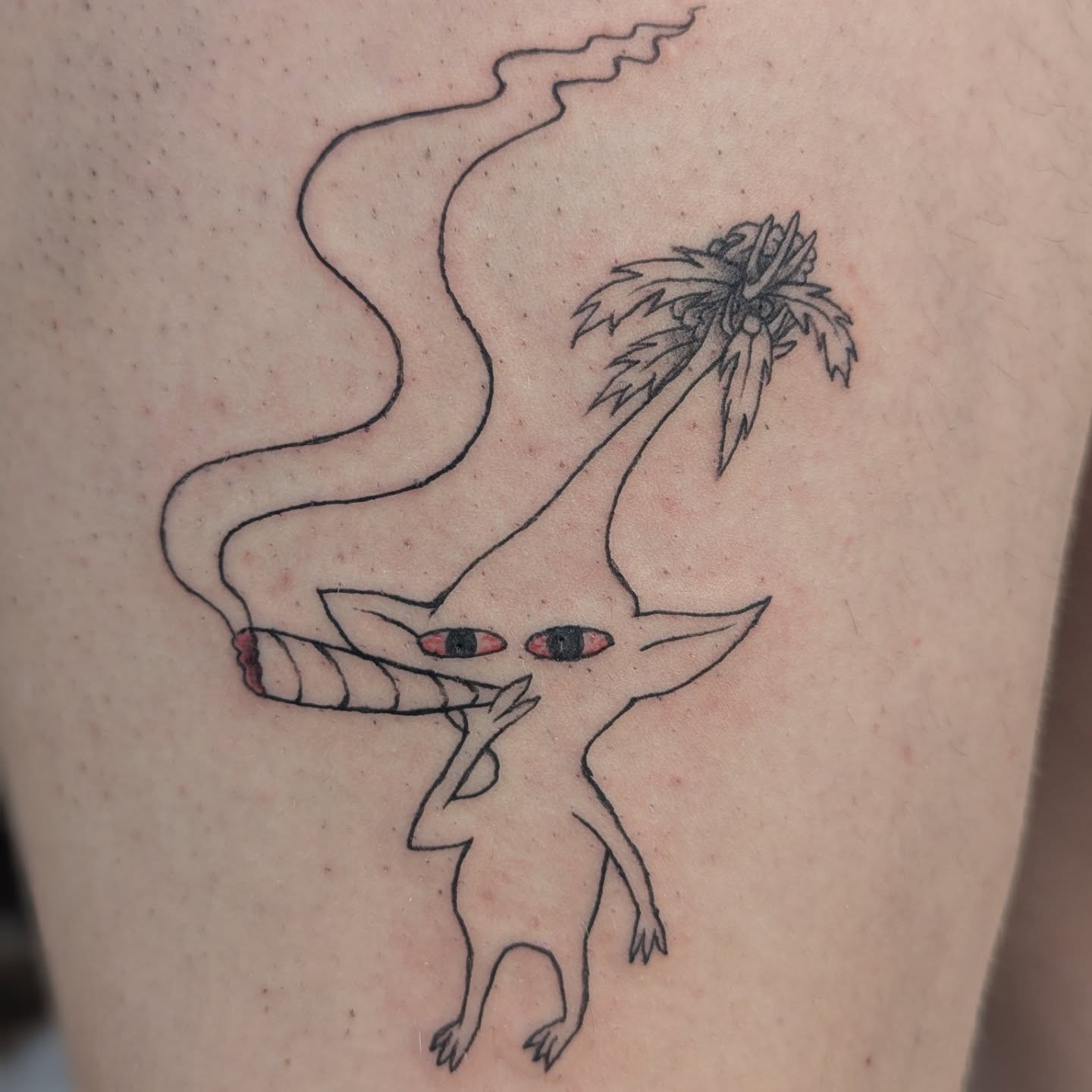 Smoking creature minimalist tattoo on the thigh by Karson